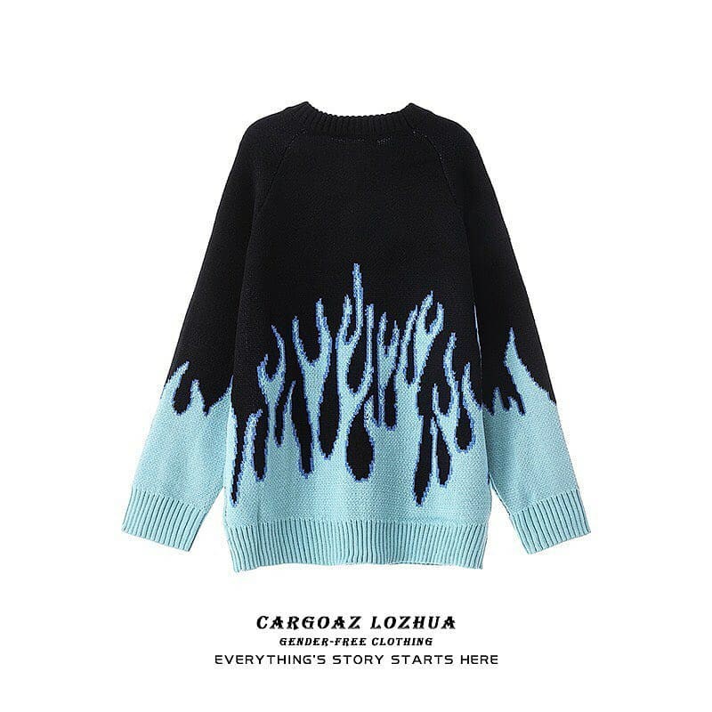 (A240) Áo len sweater oversize họa tiết ngọn lửa blue flame (kèm ảnh thật)