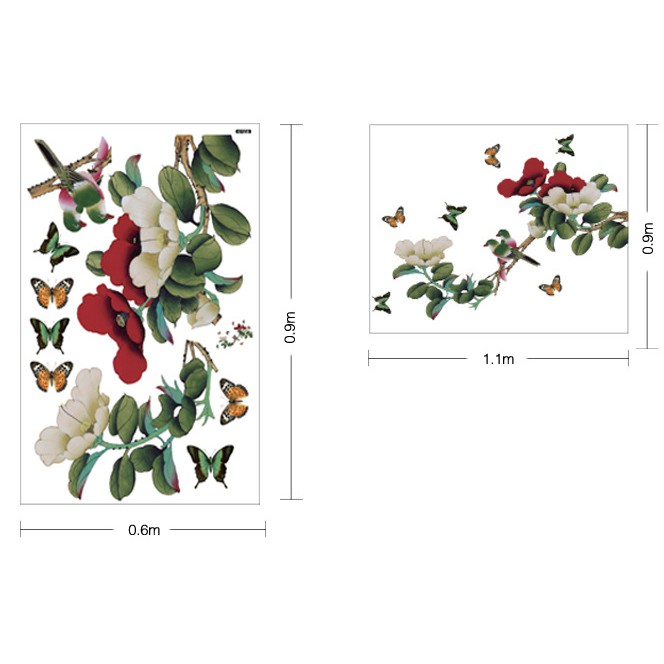 Decal trang trí tường Cành Hoa Hồng Đỏ Trắng Cổ Điển