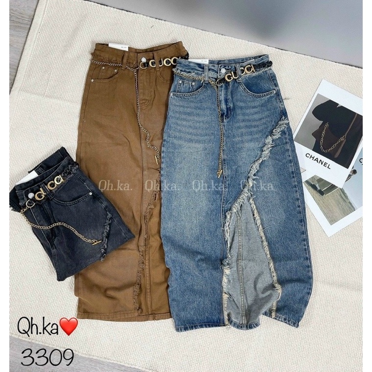CHÂN VÁY BÒ DÀI XẺ RÁCH KÈM BELT XÍCH GG HÀNG QCL1 MS30017
