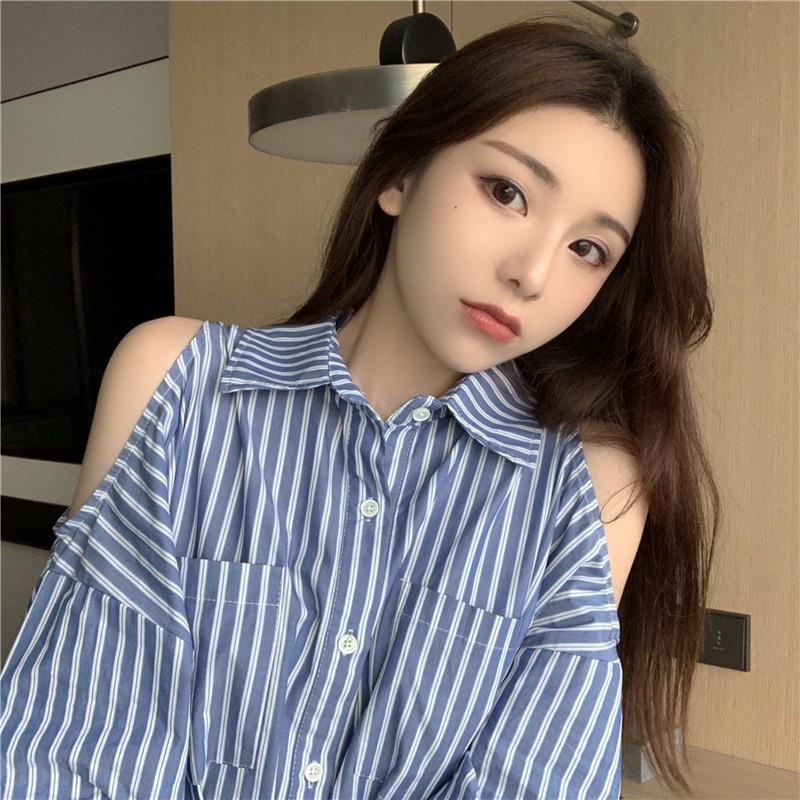 Áo Sơ Mi Dài Tay Hở Vai Họa Tiết Kẻ Sọc Phong Cách Retro Gợi Cảm Cho Nữ