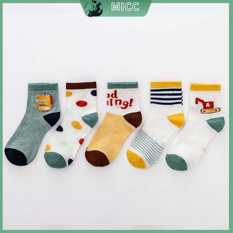 Set 5 đôi tất cotton mỏng phối lưới thoáng khí họa tiết khủng long hoạt hình đáng yêu cho bé
