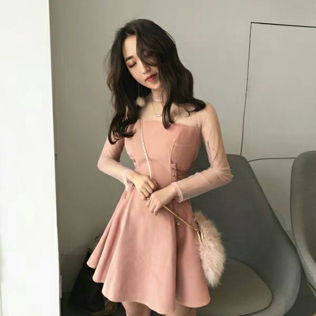 Đầm xòe đan dây eo phối lưới