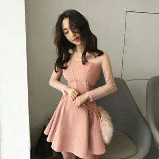 Đầm xòe đan dây eo phối lưới