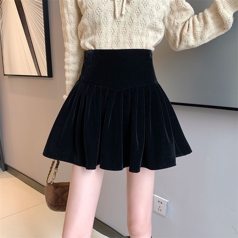 Jiashucheng Chân Váy Nhung Đen Dáng Chữ a Lưng Cao Thời Trang Thu Đông Cho Nữ