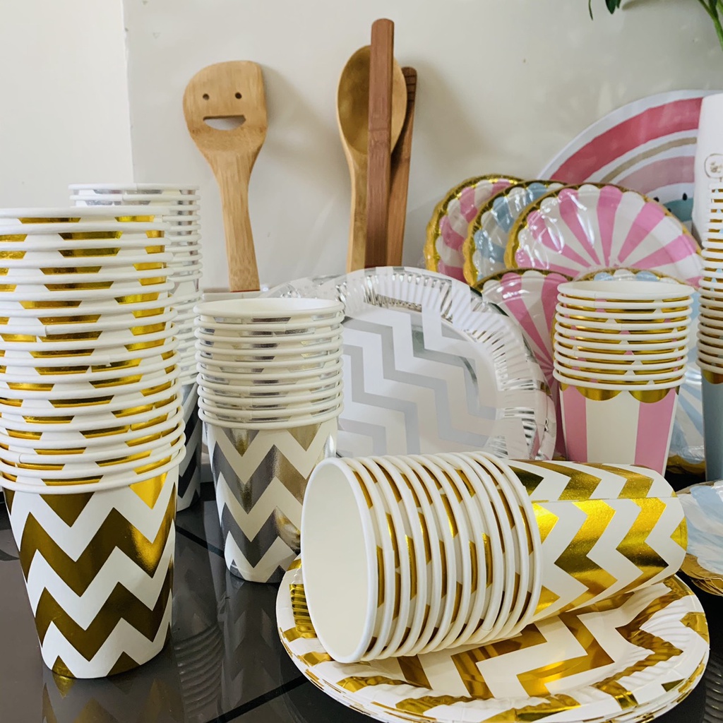 Ly Dĩa giấy cao cấp hồng ánh kim, xanh ánh kim set 10 cái, trang trí tiệc sinh nhật