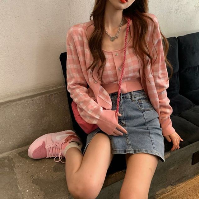 Set 2 món: áo khoác cardigan - bra croptop kẻ caro xuân thu trẻ trung xinh xắn