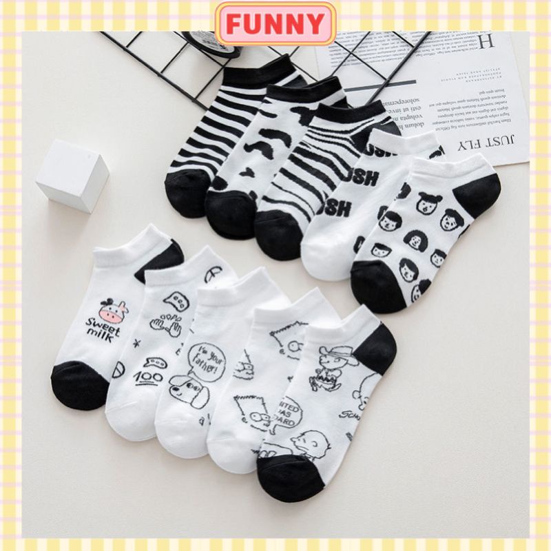 Tất Vớ Cotton Cổ Thấp Họa Tiết Bò Sữa Trắng Đen Thời Trang