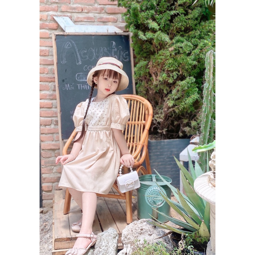 Váy đầm thiết kế vintage cho bé gái từ 8-32kg chất linen bột màu be mềm mịn mát
