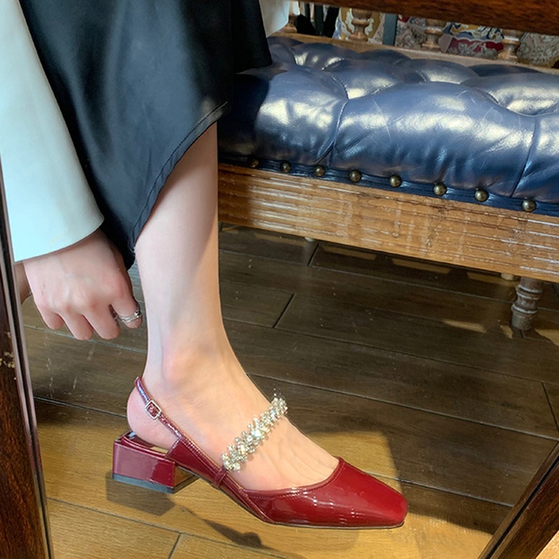 Giày cao gót IELGY mũi vuông quai đính đá hở phía sau thời trang dành cho nữ