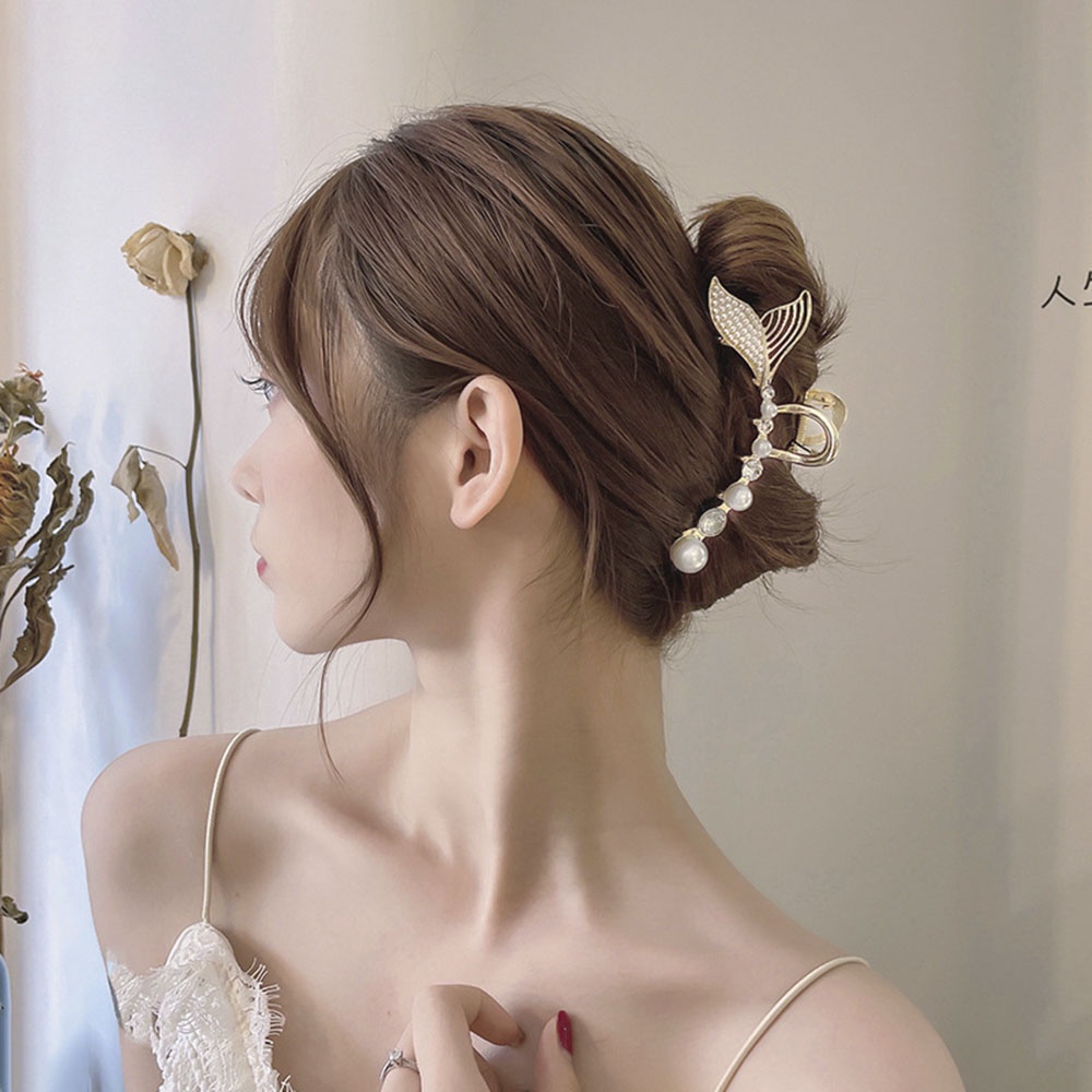 Kẹp tóc càng cua bằng hợp kim hình đuôi cá cỡ lớn đính ngọc trai xinh xắn