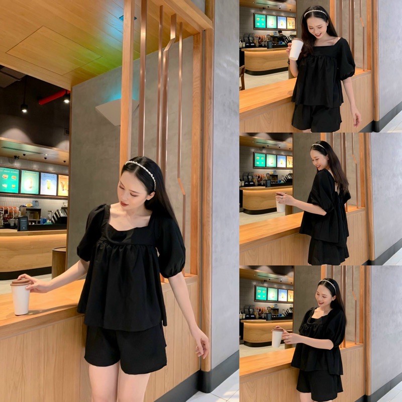 Set đồ màu trắng gồm áo babydoll trắng kèm quần form chuẩn không kén dáng Sun Fashion