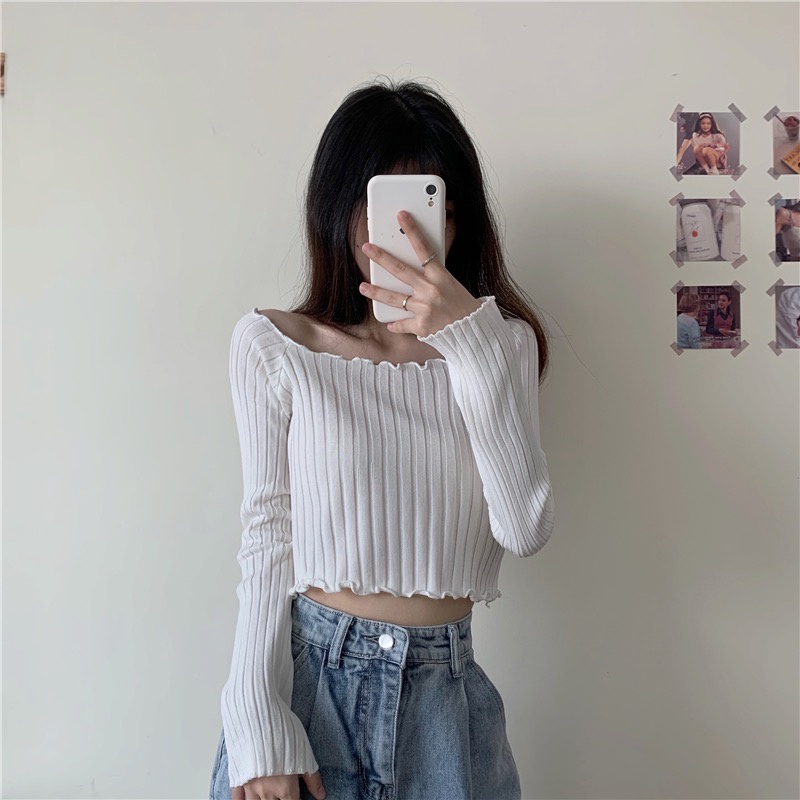 MS217 Áo len nữ dài tay viền bèo croptop kẻ sọc | BigBuy360 - bigbuy360.vn