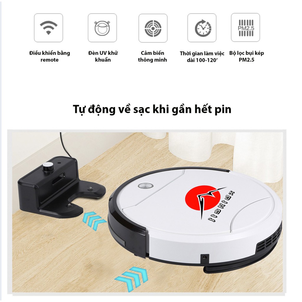 Robot hút bụi lau nhà Nhật Jishida 502 Sạc tự động Cảm biến chống rơi Remote chạy lập trình