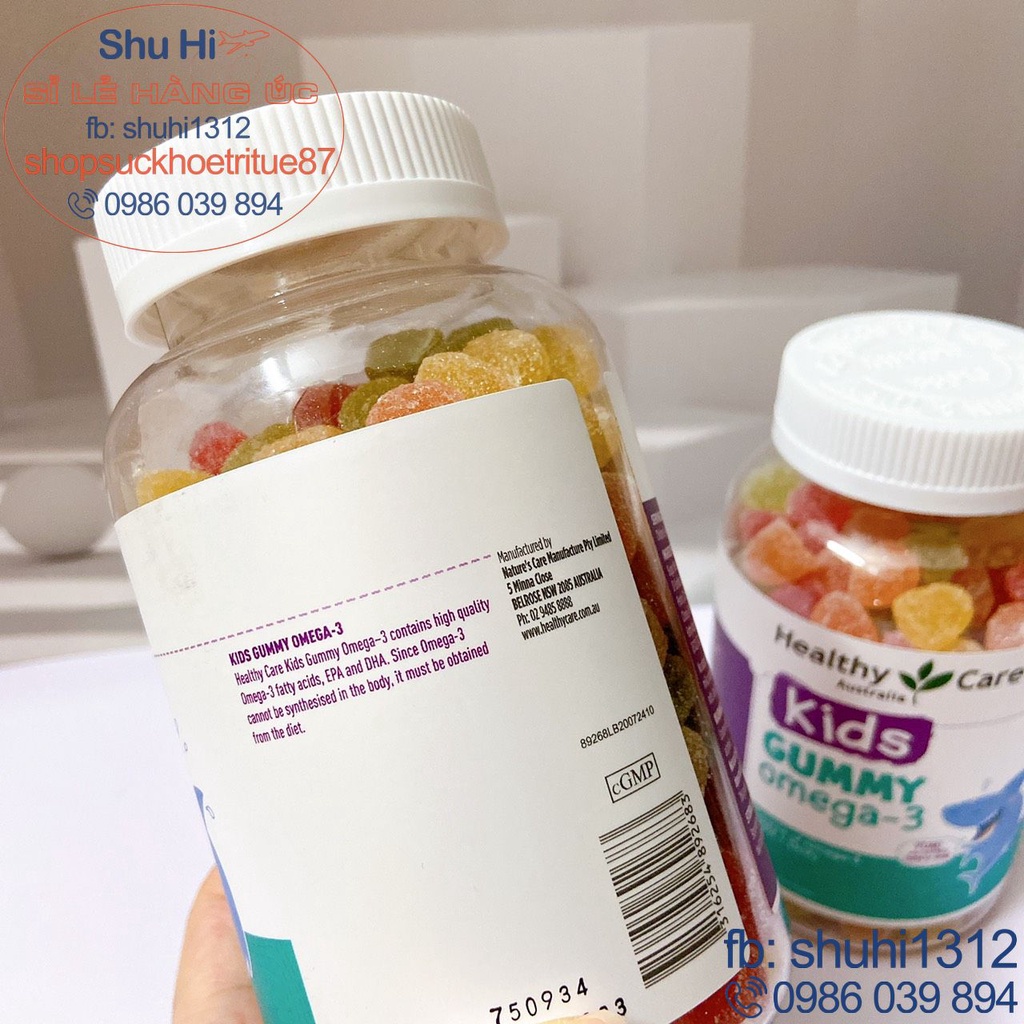 Kẹo gum mềm omega 3 cho bé từ 2 tuổi healthy care kids gummy omega 3 250 viên úc, giúp bé sáng mắt, thông minh