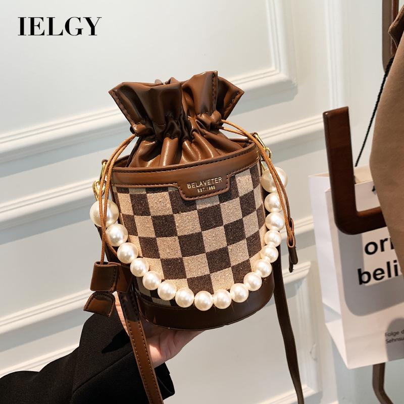 Túi đeo chéo IELGY họa tiết kẻ ô đính hạt ngọc trai cỡ nhỏ