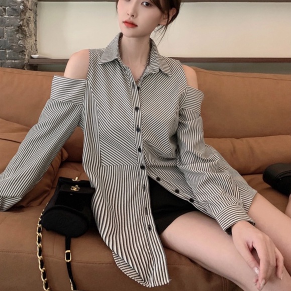 ZHELIHANGFEI Áo Sơ Mi Dài Tay Trễ Vai Họa Tiết Sọc Thời Trang Dành Cho Nữ
