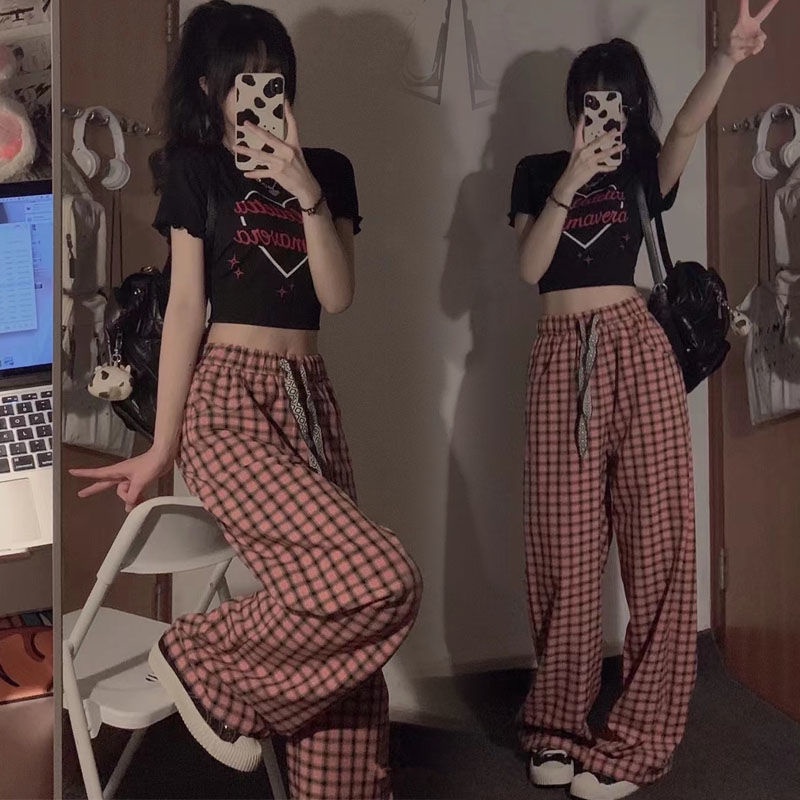 Bộ Áo Ngắn Tay + Quần Dài Ống Rộng Lưng Cao Kẻ Caro Đen Hồng Thời Trang Mùa Hè Cho Nữ