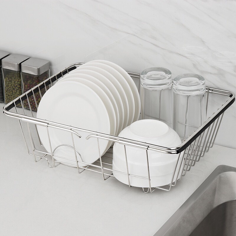 Kệ Inox gác bồn rửa chén co giãn đựng bát đĩa tiện lợi, Giá đựng hoa quả đa năng, hữu ích {H}