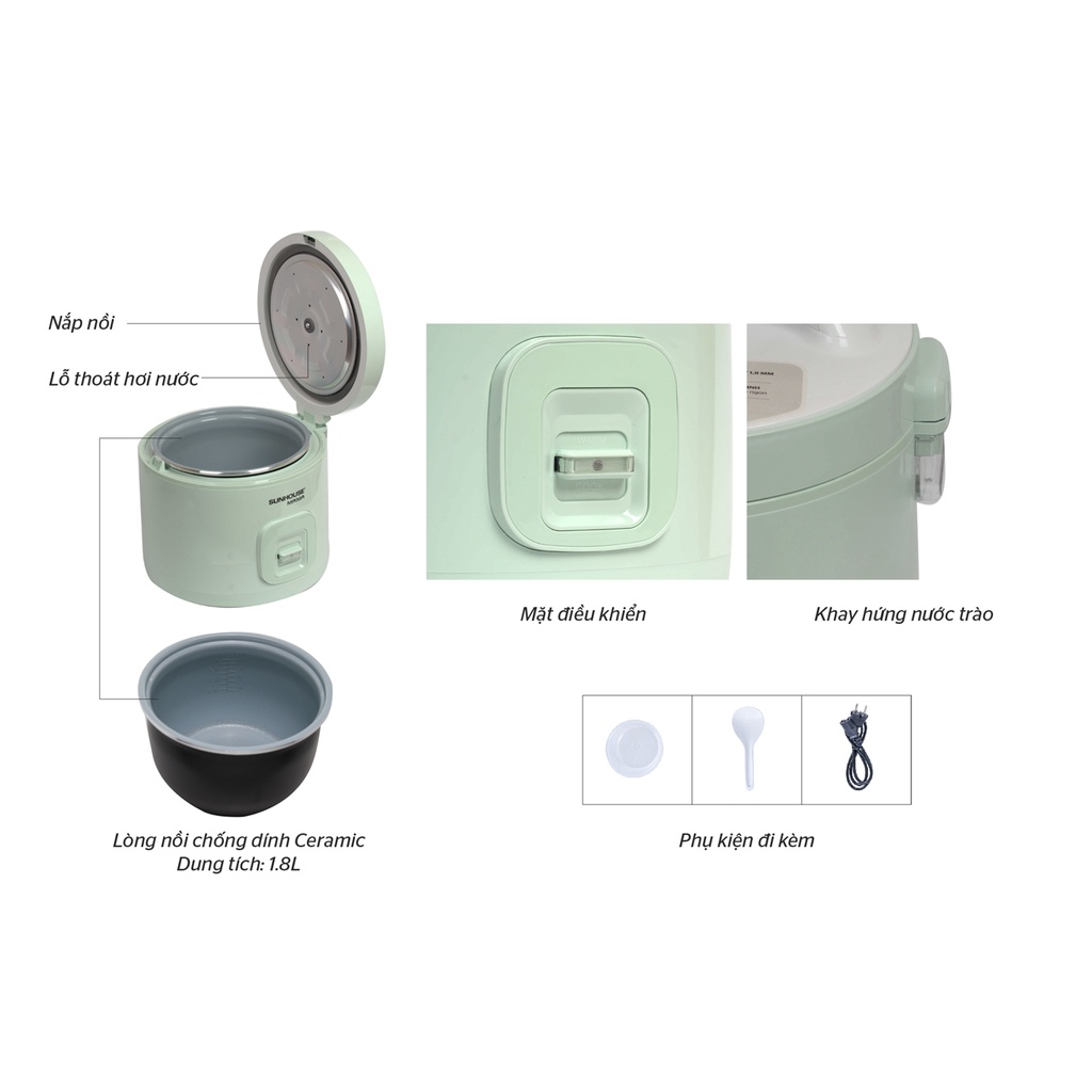Nồi cơm điện 1,8l Sunhouse mama SHD8665B công suất 900W bảo hành 24 tháng