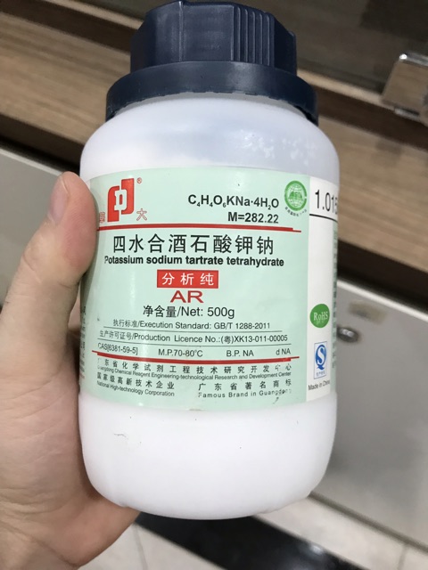Hoá chất Potassium sodium tartrate CAS 6381-59-5 C4H4O6KNa·4H2O lọ 500g kali natri tartrat