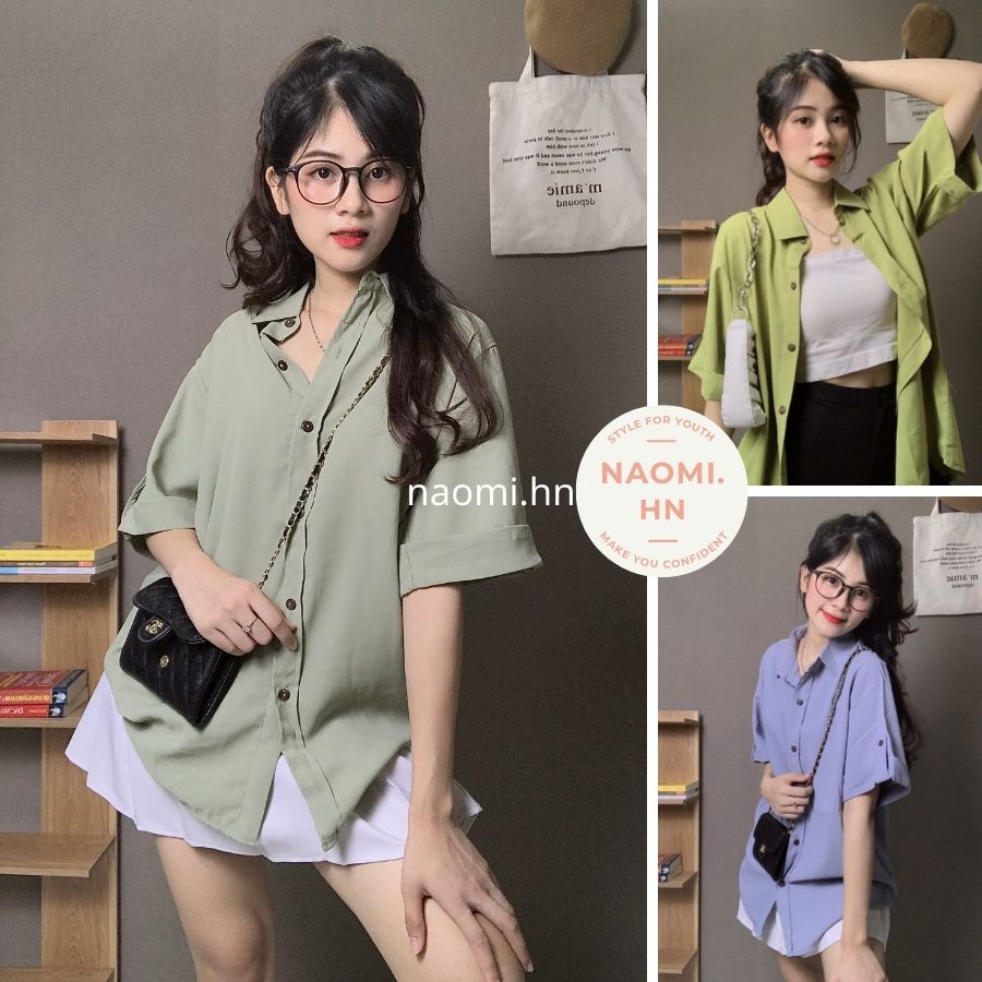 Sơ mi nữ ngắn tay form rộng cổ đức chất mát. Áo sơ mi phối sắn tay kèm cúc form rộng nhiều màu HOTHIT
