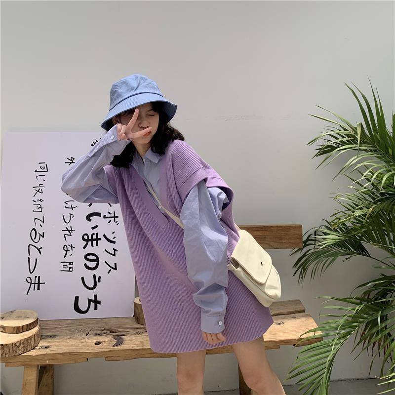 Set tím sơ mi với gile dáng dài cute - có ảnh thật