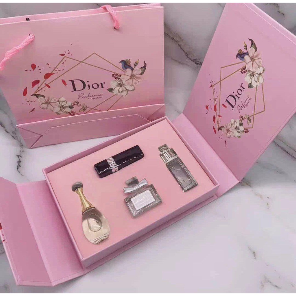 Set 5 chai Nước Hoa Dior Mini, Set nước hoa kèm son dior perfume lipstick set.