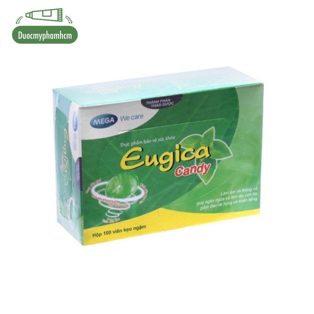 Kẹo ngậm Eugica hộp 100 viên - Làm dịu cơn ho, giảm đau rát họng và khản tiếng.