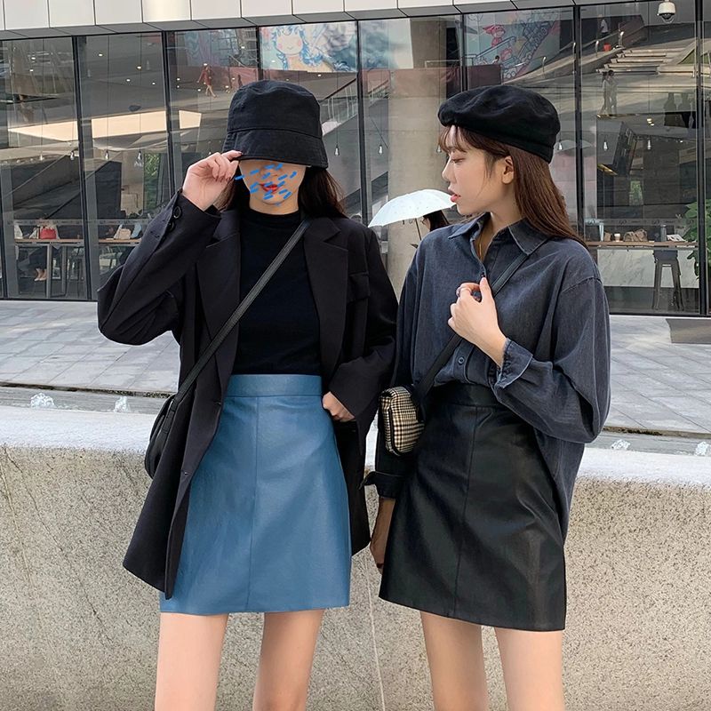 Order (kèm ảnh thật) chân váy da trơn basic đen xanh be ulzzang có lớp quần trong