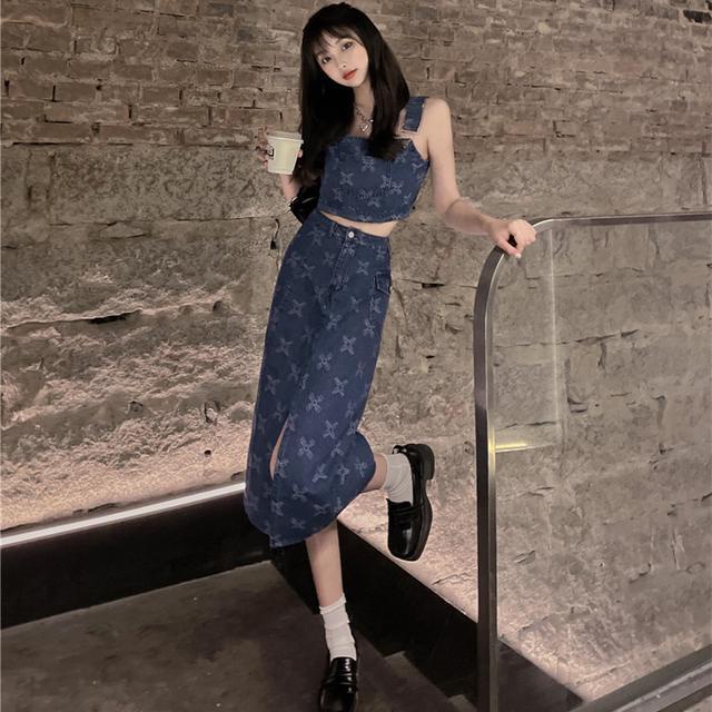 Set váy + áo denim hai dây dáng ngắn hở lưng phong cách Âu Mỹ gợi cảm dành cho nữ (có bán lẻ)