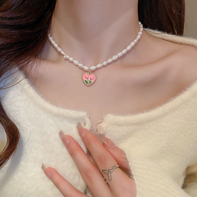 Vòng cổ Mặt Hoa Tulip Đính Ngọc Trai Màu Hồng