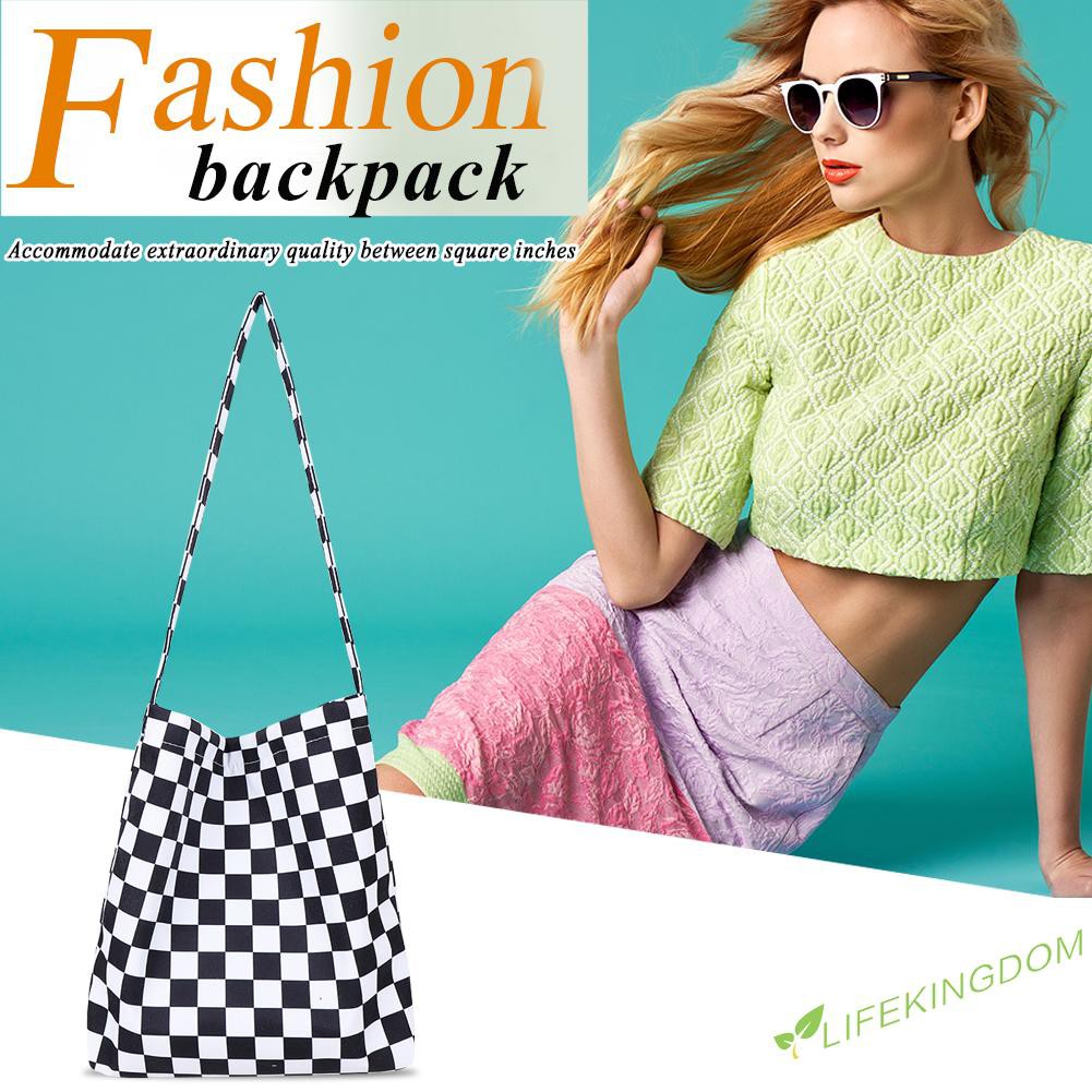 Fashion Women Checkerboard Butterfly Print Canvas Shopping Bag Tote Handbag