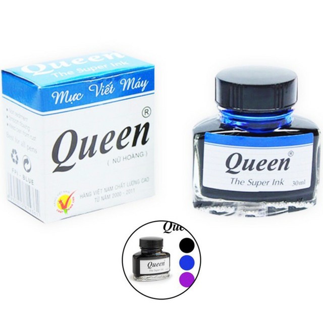 Mực bút máy QUEEN - màu Xanh/ Đen/ Tím - 1 lọ