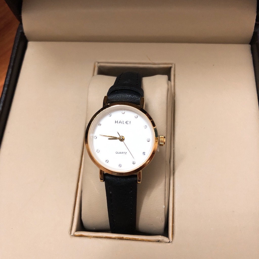 Đông hồ cặp nam nữ HALEI máy Nhật chính hãng dây da đen mặt trắng tròn size 39mm 28mm số hạt chống xước chống nước HL542 | BigBuy360 - bigbuy360.vn