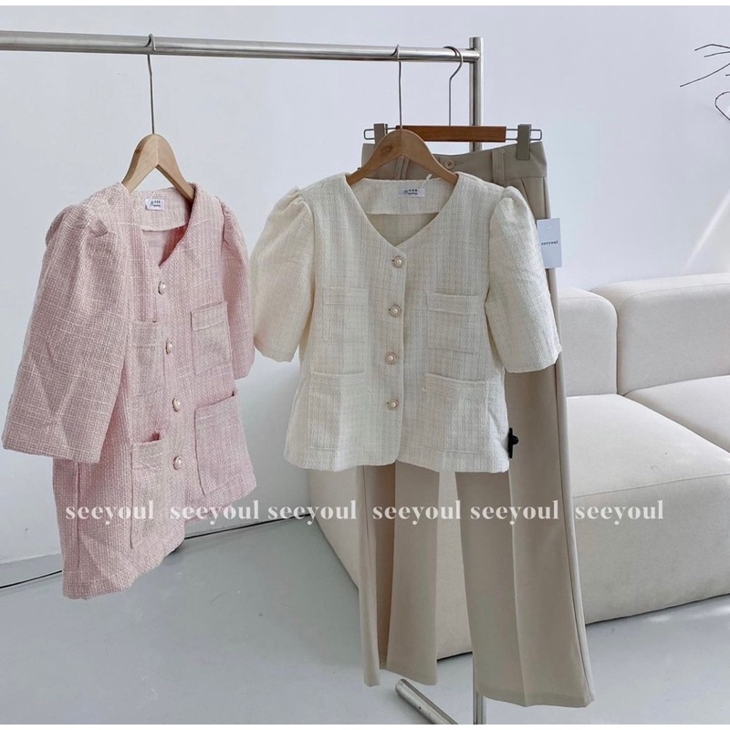 [Ảnh thật/Video]Áo dạ Hồng/Trắng cộc tay cúc ngọc sang chảnh