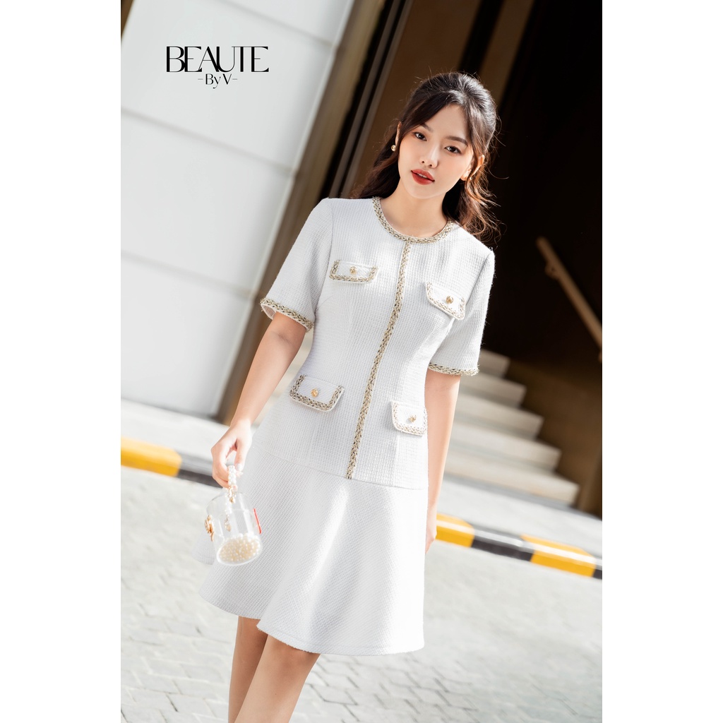 BEAUTEBYV - Váy tweed phối ren trang trí có 4 nắp túi giả Lavin