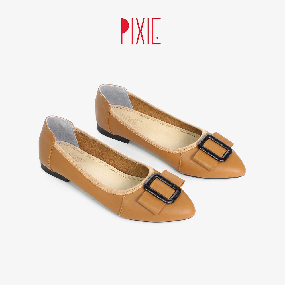 Giày Búp Bê Da Đế Mềm Khóa Vuông Màu Kem Pixie P243