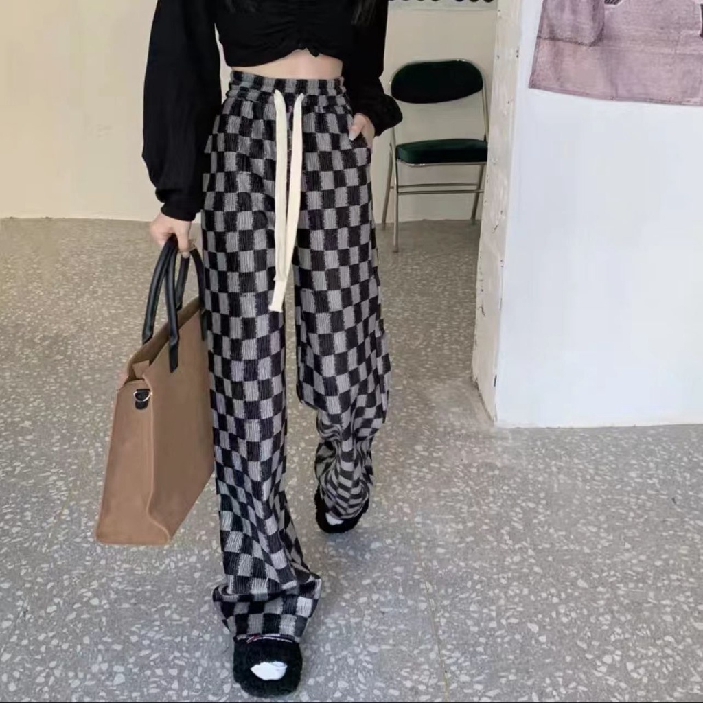 Quần Dài Lưng Cao Ống Rộng Họa Tiết Sọc Caro Cá Tính Cho Nữ