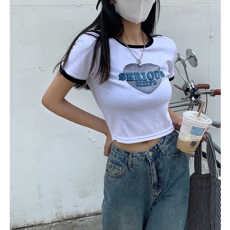 Áo Thun cotton Ngắn Tay Hở Vai Ôm Dáng Màu Sắc Tương Phản Thời Trang Cho Nữ