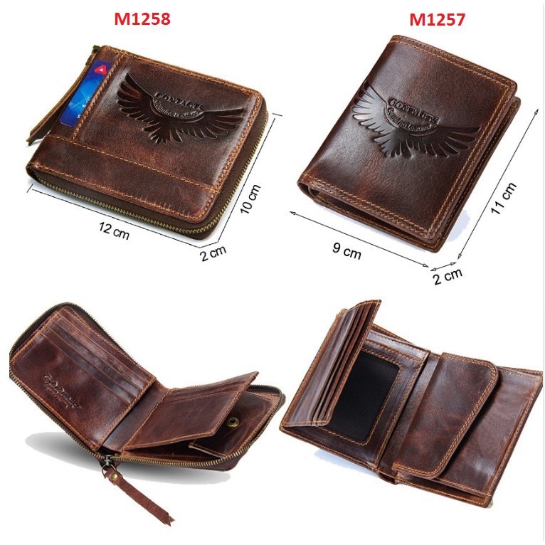 2022 Contac N1258 N1257 - Bảo Hành 2 Năm - Bóp Ví Đứng Ngang Nam Bỏ Túi Da Ngựa Điên Men Wallet Genuine Bò