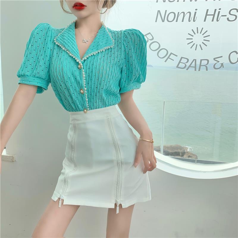 Áo Thun polo Tay Phồng Đính Hạt Phong Cách Phương Tây Thời Trang Mùa Hè Mới Cho Nữ