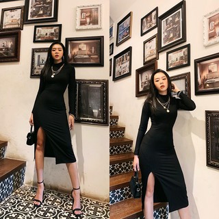 ĐẦM BODY XẺ TÀ CỔ ĐỨNG ĐEN FREESIZE DƯỚI 65KG