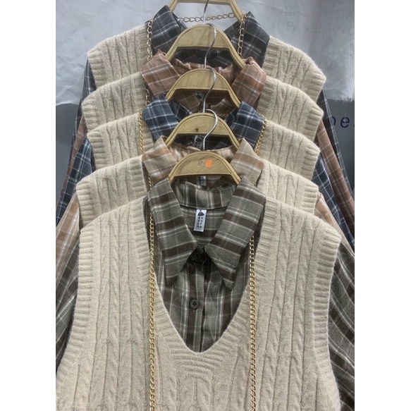 Sét gile + váy kẻ + túi tote