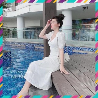Váy suông tay bồng xoắn ngực
