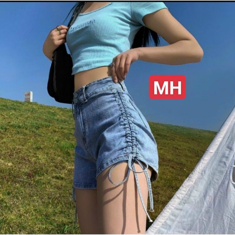 Quần shorts jeans  rút dây 2 bên lưng cao dáng đẹp