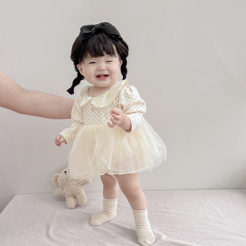 Đầm Công Chúa Tay Dài Họa Tiết Chấm Bi Phối Lưới Thời Trang Mùa Thu Xinh Xắn Cho Bé Gái