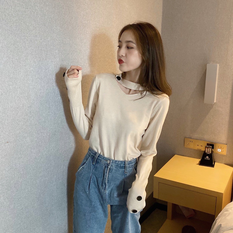 Xiaozhainv Áo len nữ tay dài cổ V dây nút phá cách phong cách Hàn