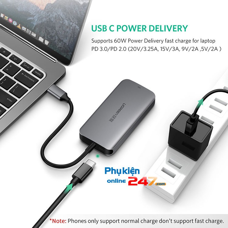 Bộ chuyển đổi USB type C to VGA USB 3.0 kèm cổng sạc cho máy