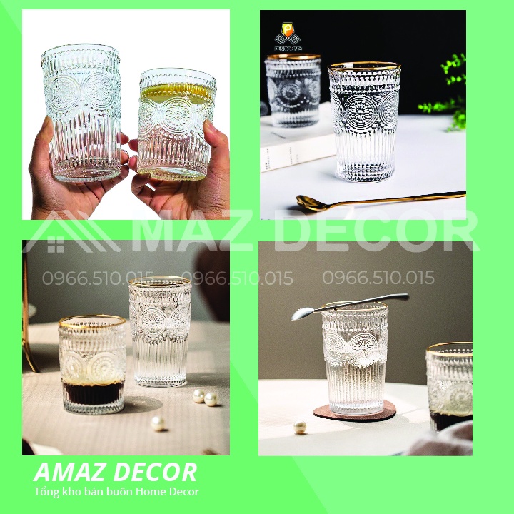 Đồ decor ĐẸP Bộ 6 cốc ly thủy tinh pha lê mạ vàng họa tiết trống đồng chịu nhiệt sang trọng tinh tế - Phong cách Bắc Âu