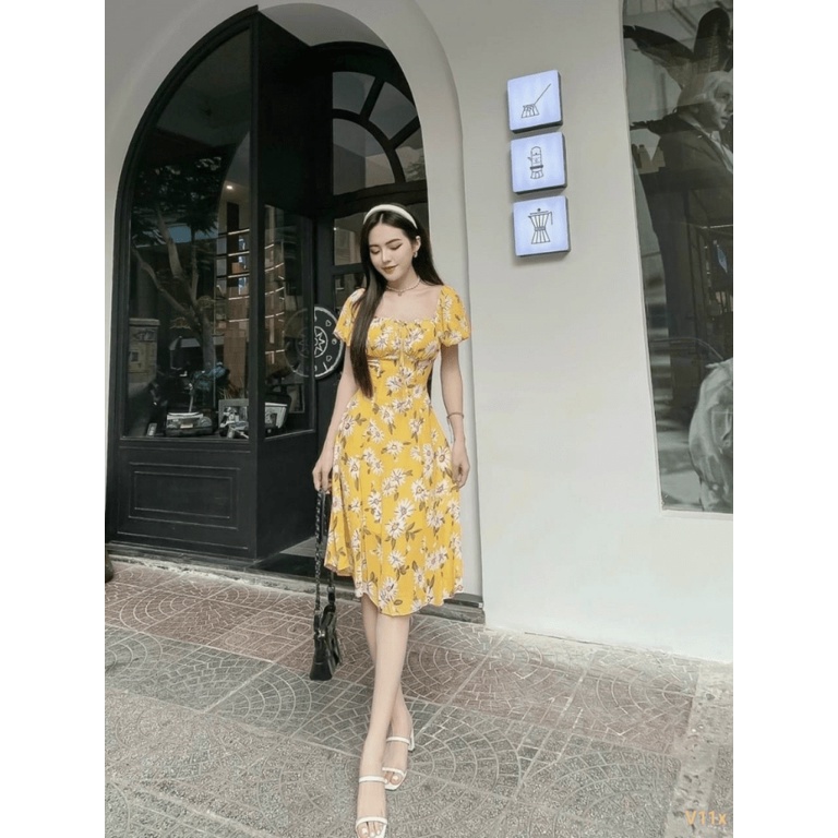 Đầm Hoa Lụa Ngực Xếp Ly Dự Tiệc Phối HỢp CÔng Sở Sang Chảnh PU